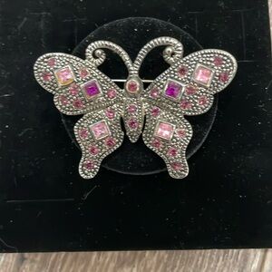 Vintage silver tone light pink rhinestone butterfly pin brooch